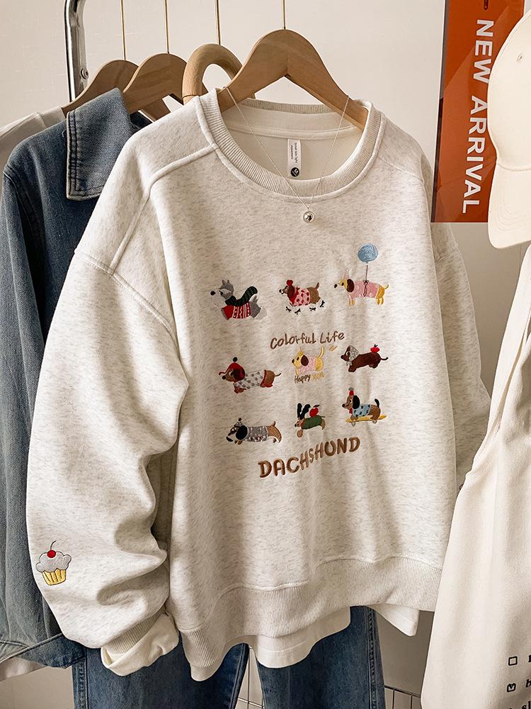 Damen Besticktes Graues Sweatshirt, Herbst/Winter 2025, Locker Geschnitten Übergröße, Petite Oberbekleidung Top