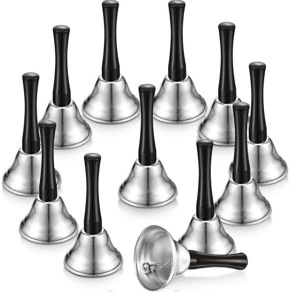12 Pezzi Campanelli a Mano in Metallo Campanello da Chiamata Campanelli a Mano per Servizio Manico in Legno Nero Campanelli a Mano Campanelli a Mano in Metallo Percussioni Musicali Per Scuole (argento) - Miao