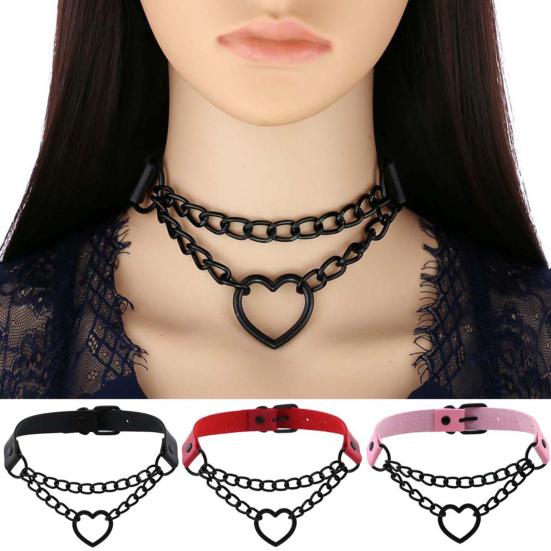 Necklace Chain Personality Twisted Chain Double Layer Faux Leather Sexy Gothic Punk Love Heart Pendant Collar Jewelry Accessory