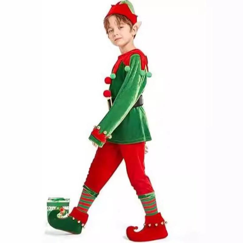 Kids Boys Santa Claus Xmas Green Elf Red Top Pants Hat Sets Children Christmas New Year Cosplay Costumes Performance Role Play Outfit