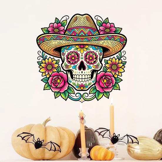 Dia De Los Muertos Window Clings Flower Skull Wall Sticker, Day of The Dead Decorative Mexican Style Festival Ornaments Decals, Waterproof PVC