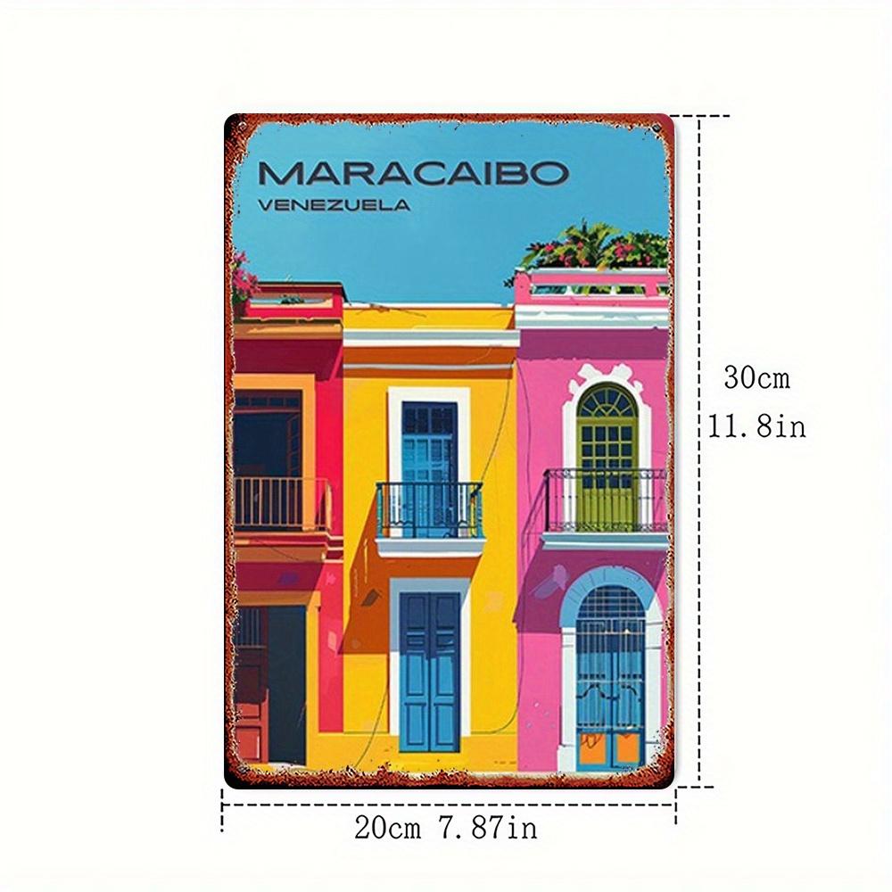 2D Плоское Винтажное Маракайбо Венесуэла Металлическое Настенное Искусство - Цветная Венесуэльская Архитектура Железное Оловянное Искусство. Для декора дома/бара/гаража 20x30cm（7.8x11.8inch）