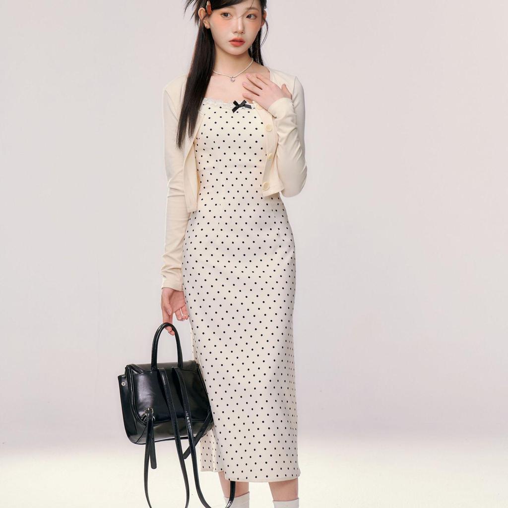 Women's Petite Polka Dot Maxi Dress & Cardigan Set