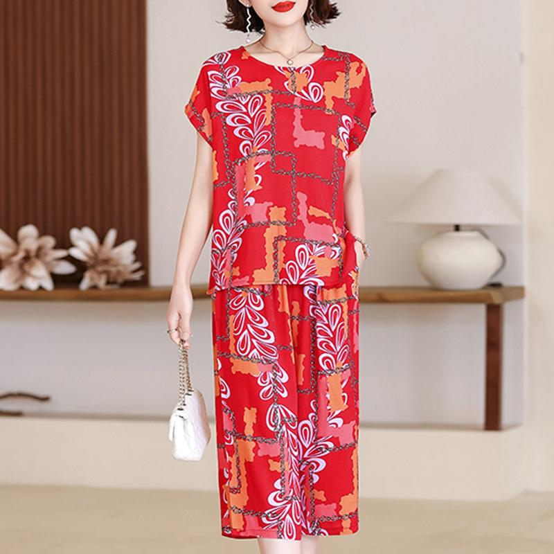 Plus Size Women Two Peice Sets Summer Loose Elegant High Waist Pant Sets Female Casual Vintage Print Oversize Suit