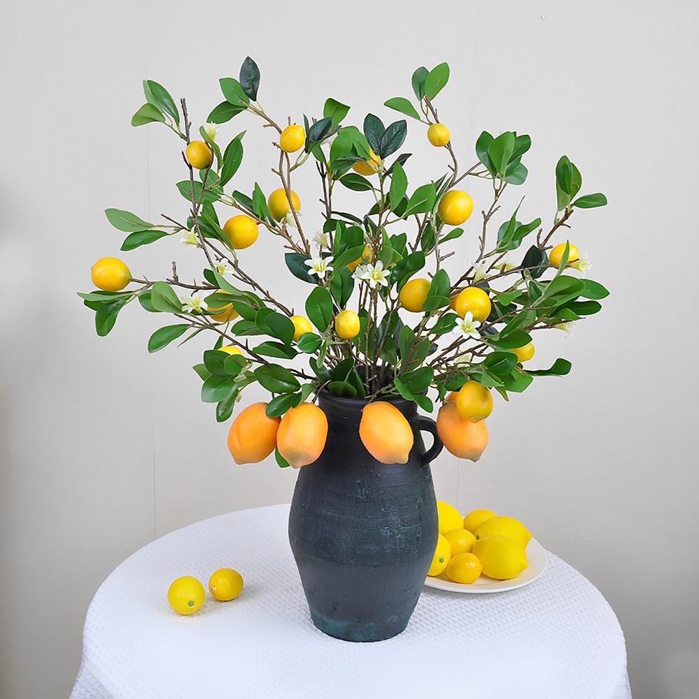 Artificial Lemon Branches 2pcs for Home Kitchen and Dining Table Decoration Flexible Lifelike Yellow Lemons Plastic Stems