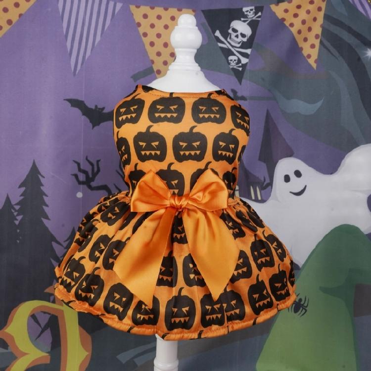 Pumpkin Print Dog Dresses Cats Halloween Dress Up Skirt Bowknot Dress Theme Party Clothes Small Cats Dog 2Leg Photo Outfit