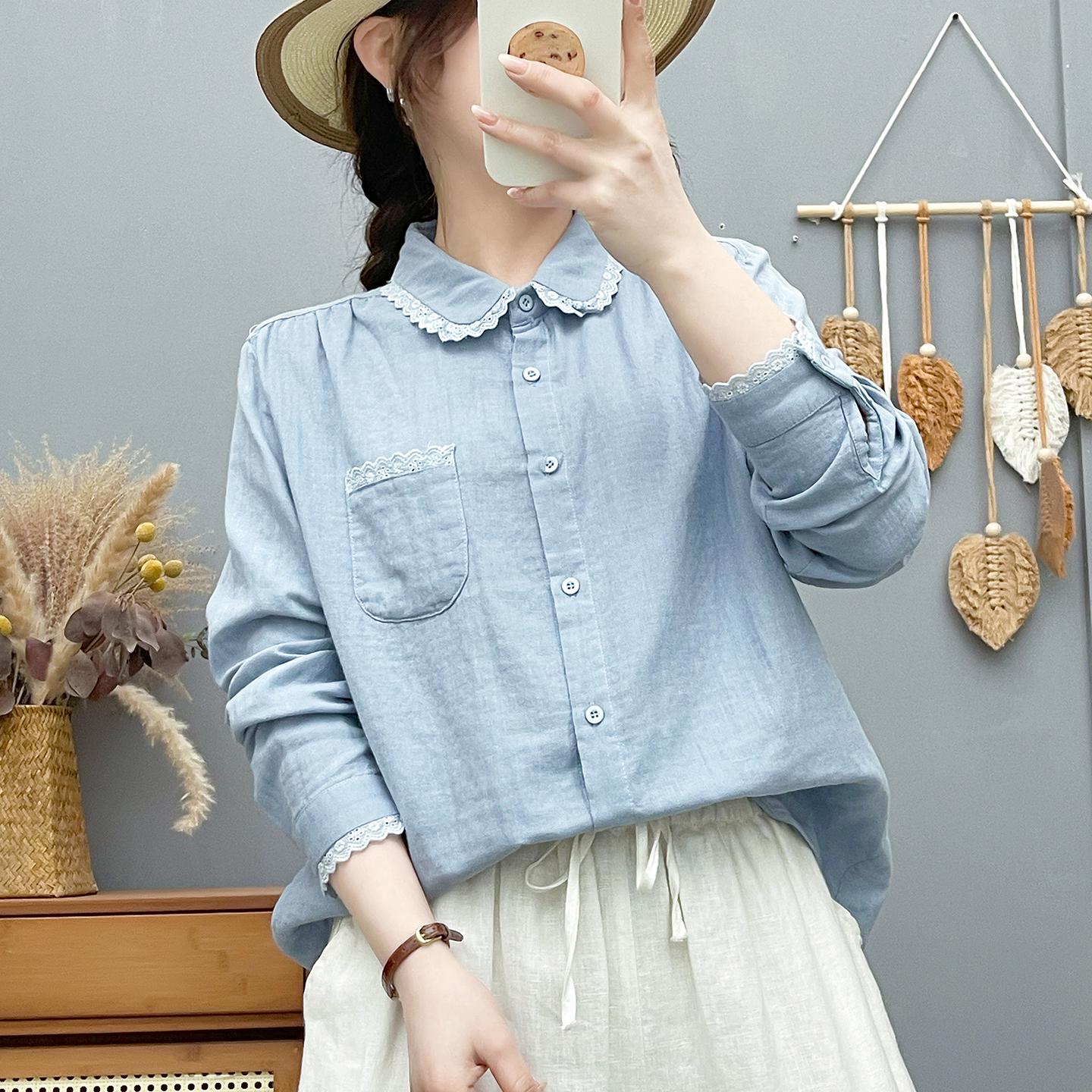 

Women s Long Sleeve French Lace Doll Collar Cotton Shirt - Soft, Breathable, Slimming, Loose Fit. M (100-130 jin)