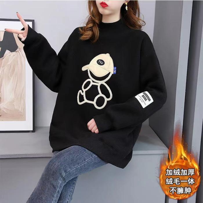Spot autumn and winter fleece sweater women s 2025 new semi-turtleneck loose Korean version cartoon hat jacket tide #2086 2XL