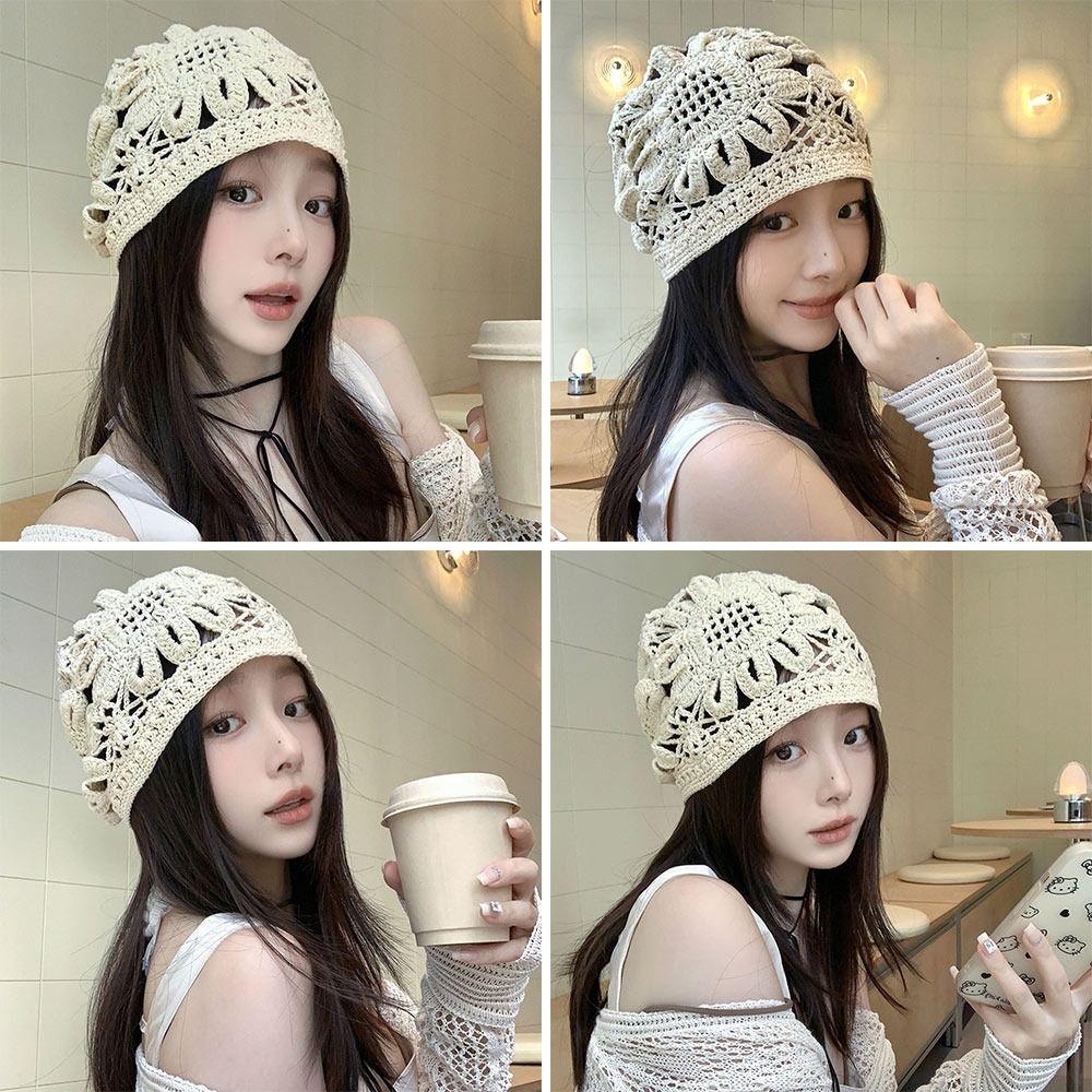 

Полая вязаная шапка с цветами Skullies Hat Дышащий берет для женщин