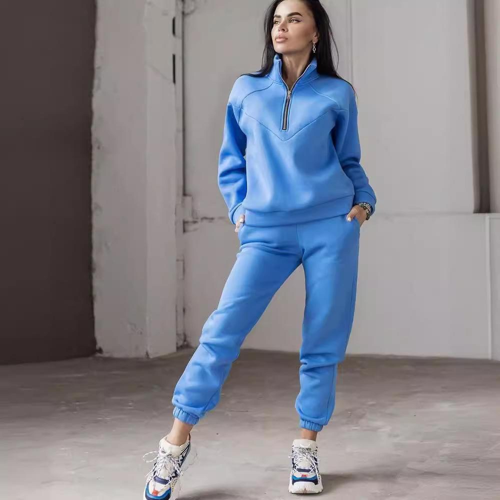 Spring and Autumn Fashion Casual Hooded Sweatshirt Two-piece Set Long Sleeve Solid Color Fleece Retractable Feet Casual Set