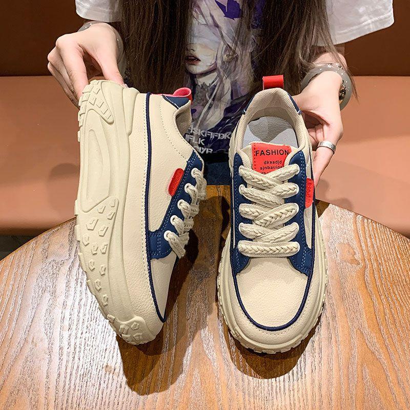 Casual shoes new 2025 color matching dad shoes thick sole heightening leather surface sports shoes women's shoes fashion student Korean version tide