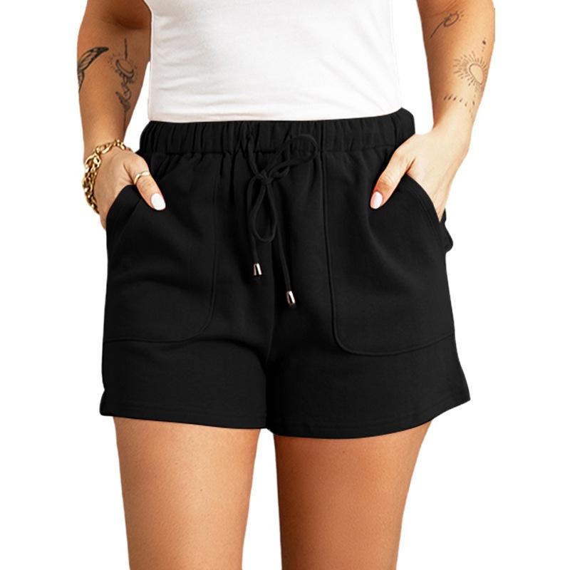 Women Solid Color High Waist Loose Straight Drawstring Casual Summer Shorts