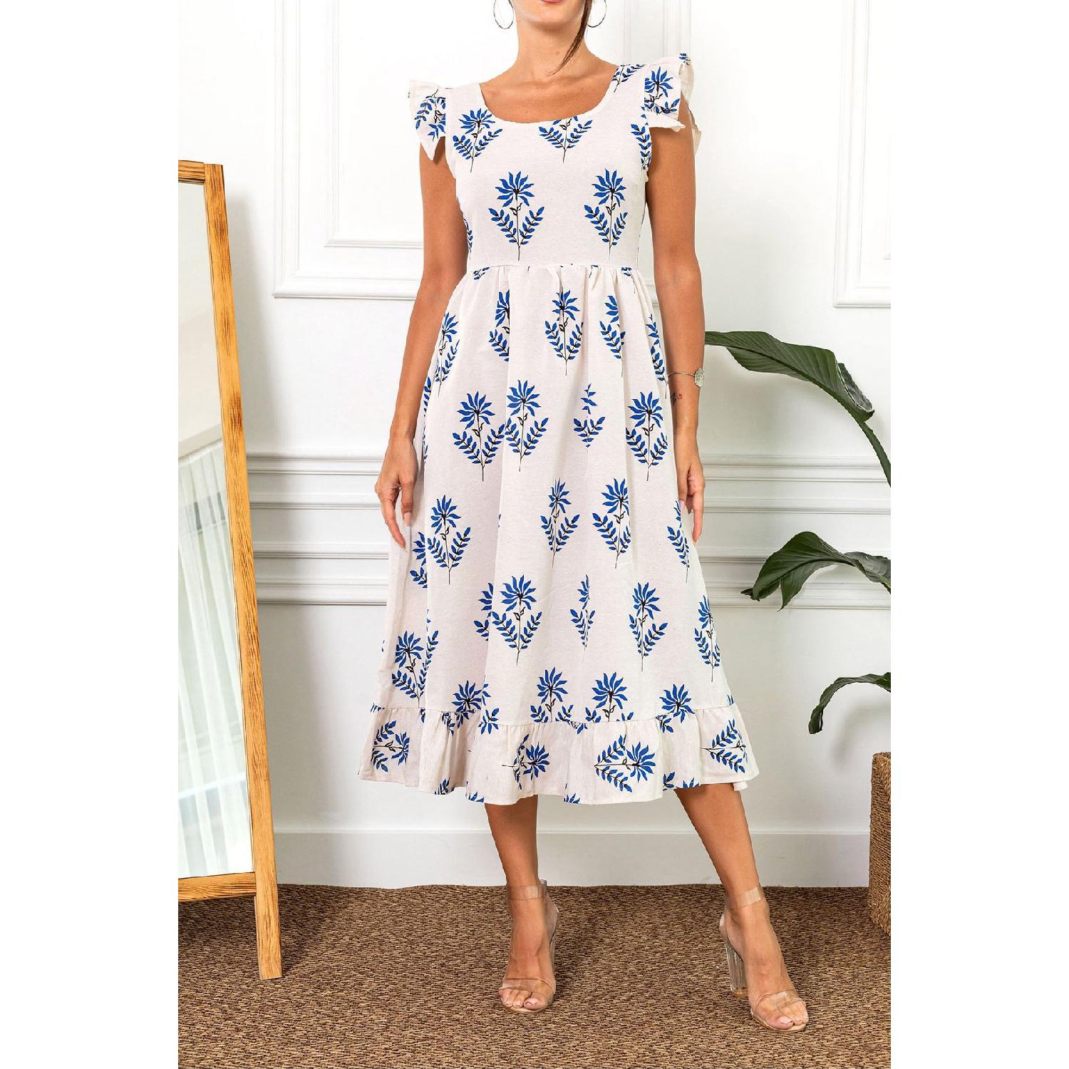 

Женское длинное платье на молнии с рукавами-саксами и оборками сзади Arm-23y001114 M синий