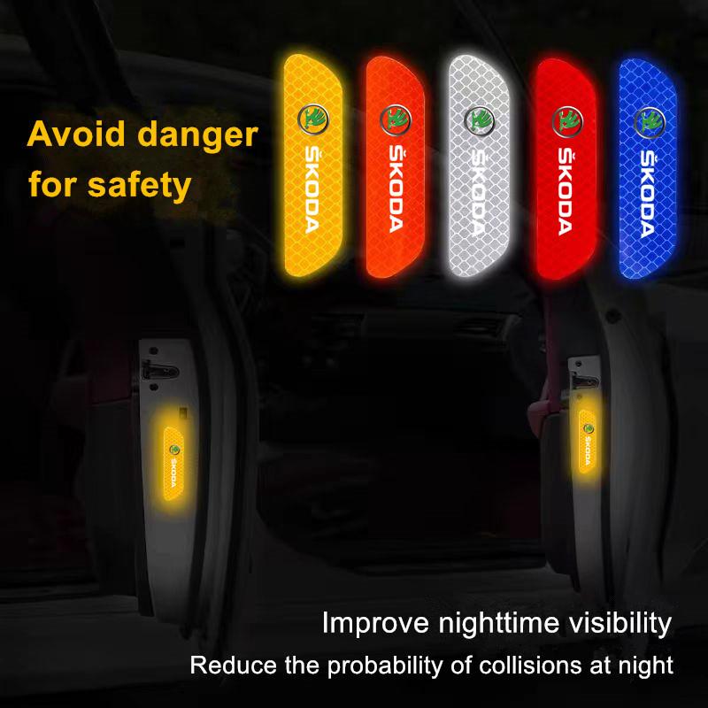 High Toughness Reflective Warning Sticker 4PCS Car Door Safety Protection Mark Mud Resistant External Decor Accessory For Skoda