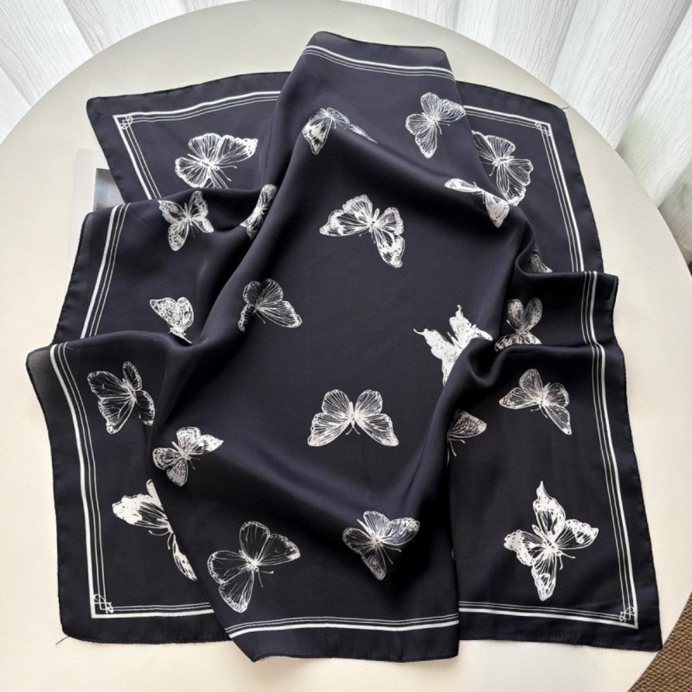 

Versatile Elegant Women Scarf Square Shape Silk Imitation Silk Scarf Butterfly Print Neckerchief Women Accessories чёрный