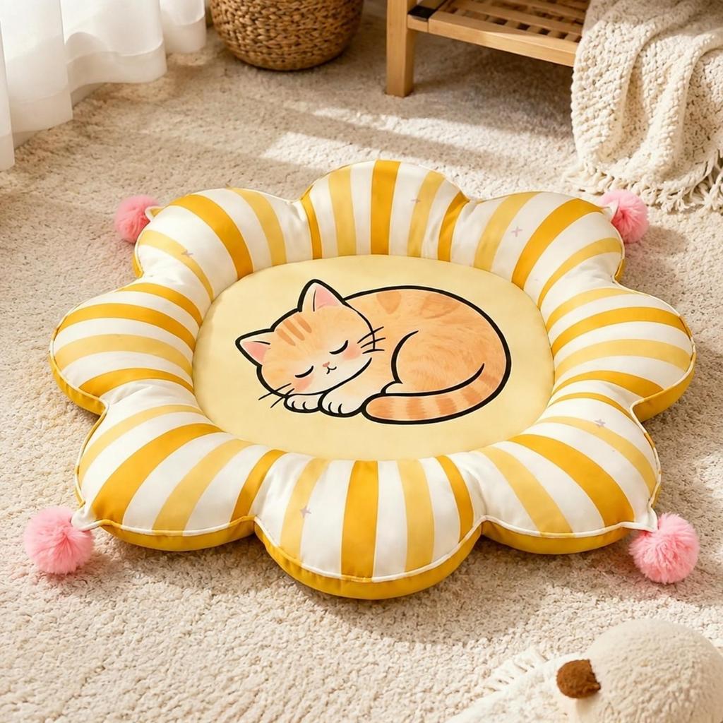 Pet Bed Cushioned Round Flower-Shaped Cat Lightweight for Bedrooms