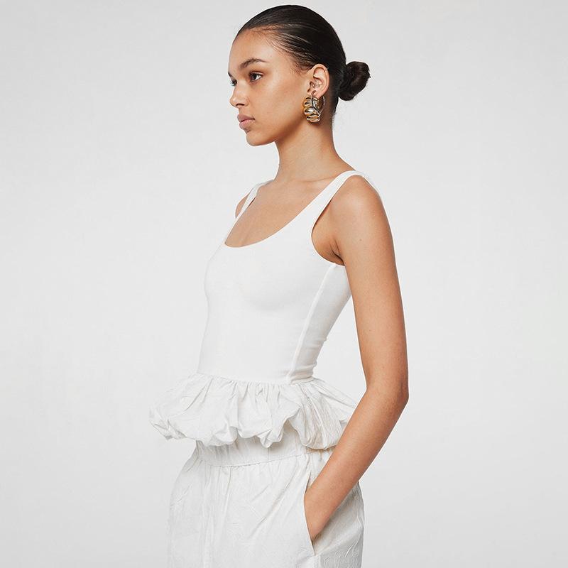 Square Neck Tank Tops For Women Sleeveless Backless Crop Top With Peplum Bubble Hem Summer Top Black White