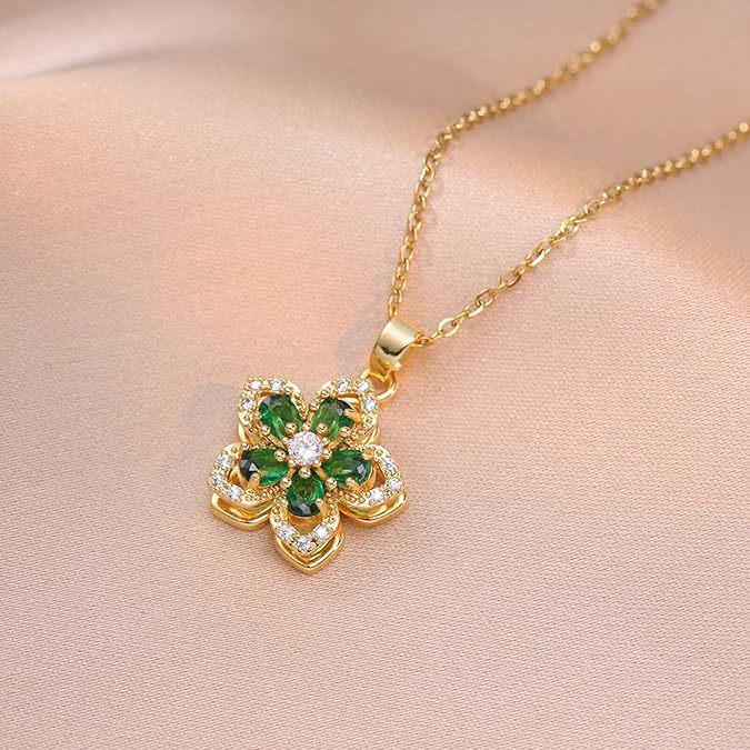 Elegant Zircon-Studded Rotatable Flower Pendant Necklace with Copper Inlay