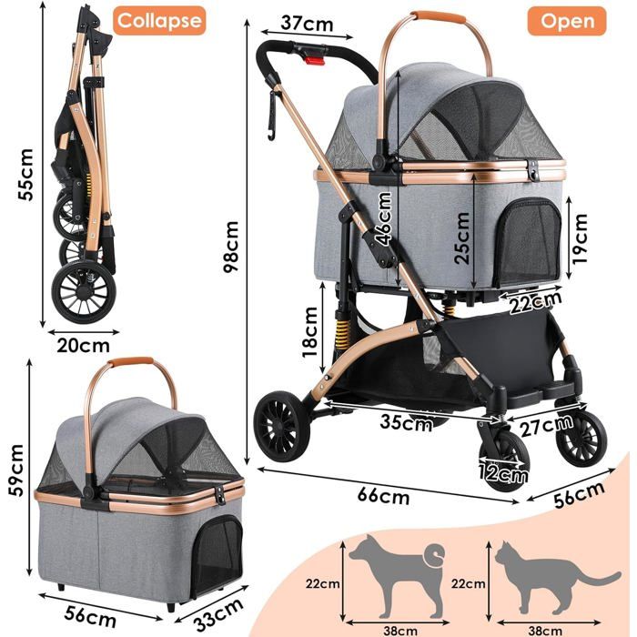 Foldable 3-in-1 Dog Cat Stroller, Pet Stroller with 360° Wheels, Storage Basket, Mesh Window, Cup Holder