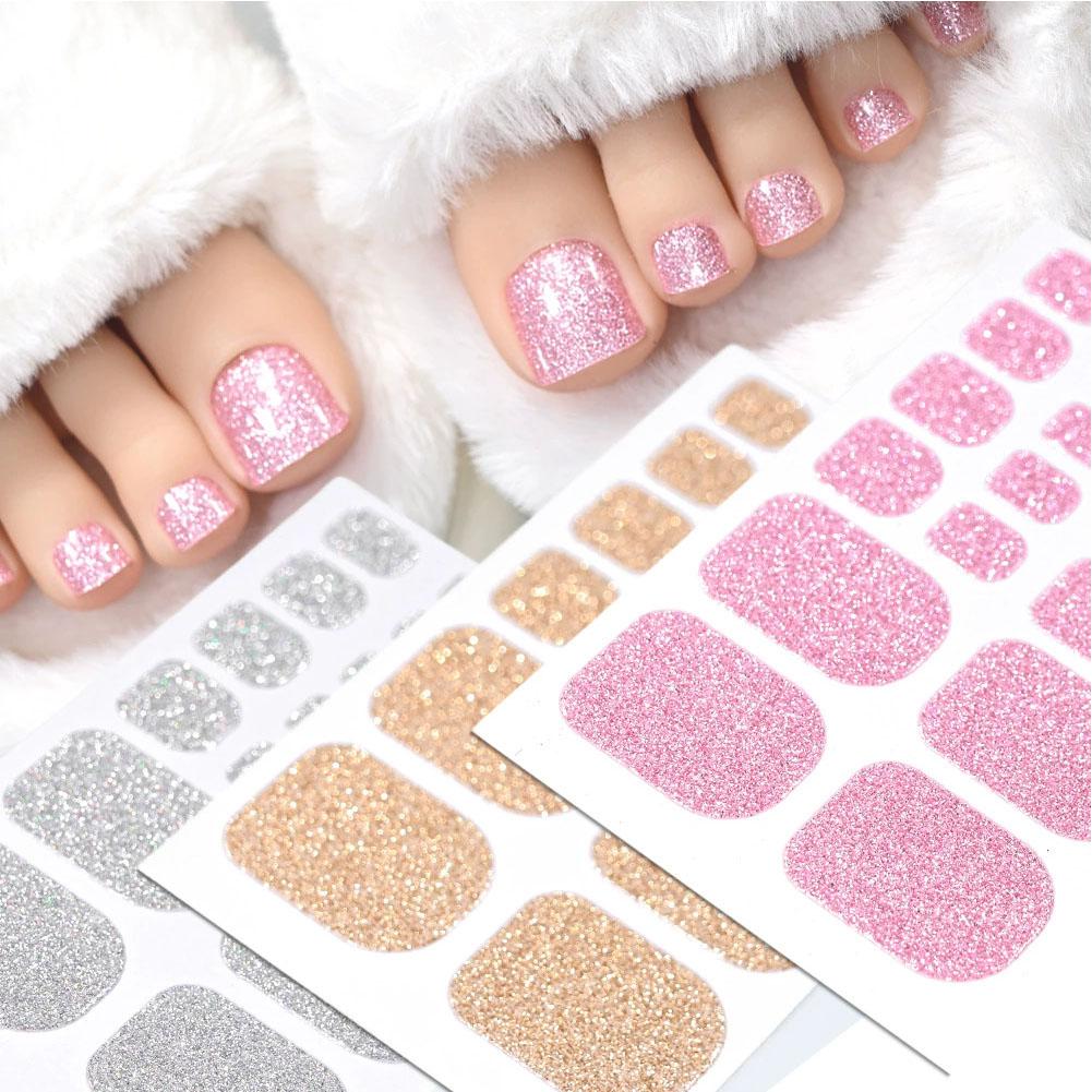 22Tips Vibrant Glitter Toenail Stickers Solid Color Full Cover Toenail Polish Strips Summer Self Adhesive DIY Foot Decals