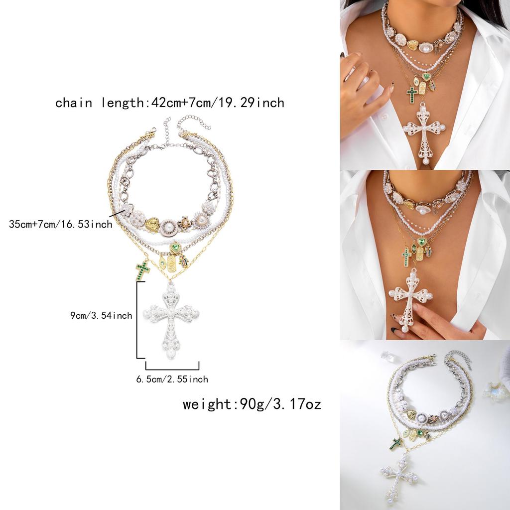 Style Layered Cross Pendant Necklace With Rhinestone Embellishments For Women