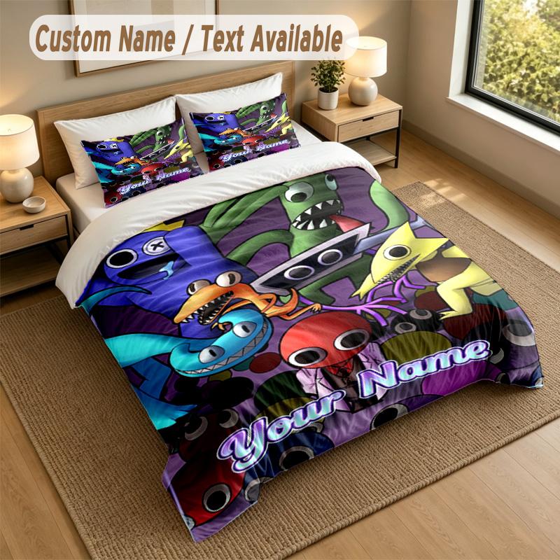 Custom Name Text Bedding 3Pcs Set,Rainbow Friends 1 Duvet Cover 2 Pillowcases Soft Bed Linen For Gift