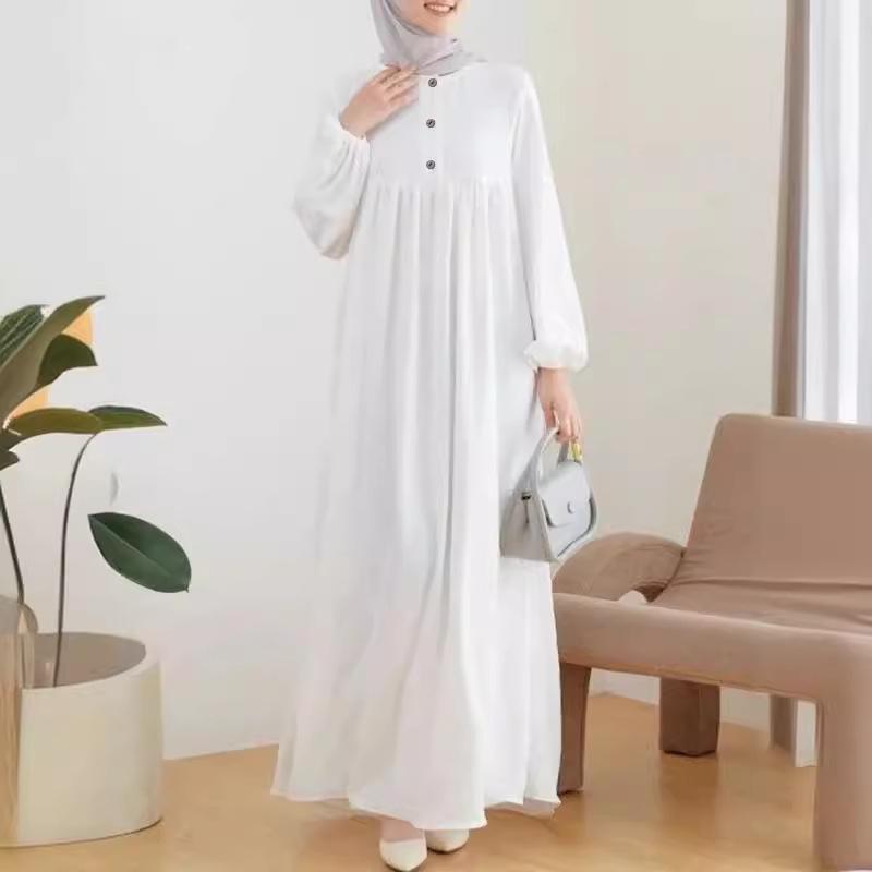 2024 Spring/Autumn Muslim Women's Solid Color Casual Bubble Sleeve Robe