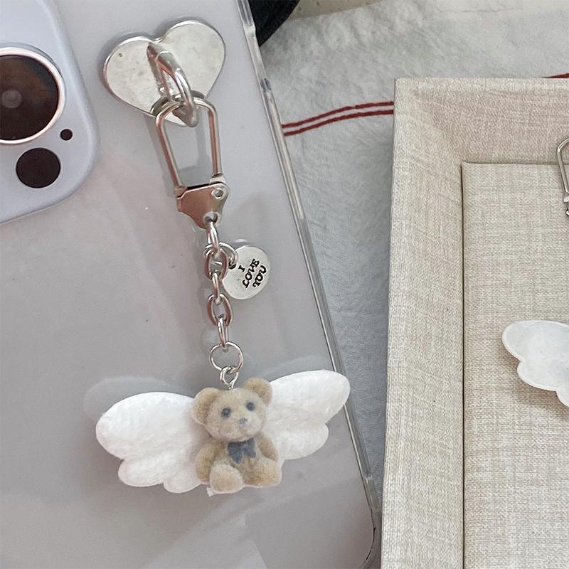 Cartoon Flocking Cat Pendant Keychain Y2K Butterfly Wings Key Ring For Women Girls Cute Camera Bag Pendant Decoration Gifts