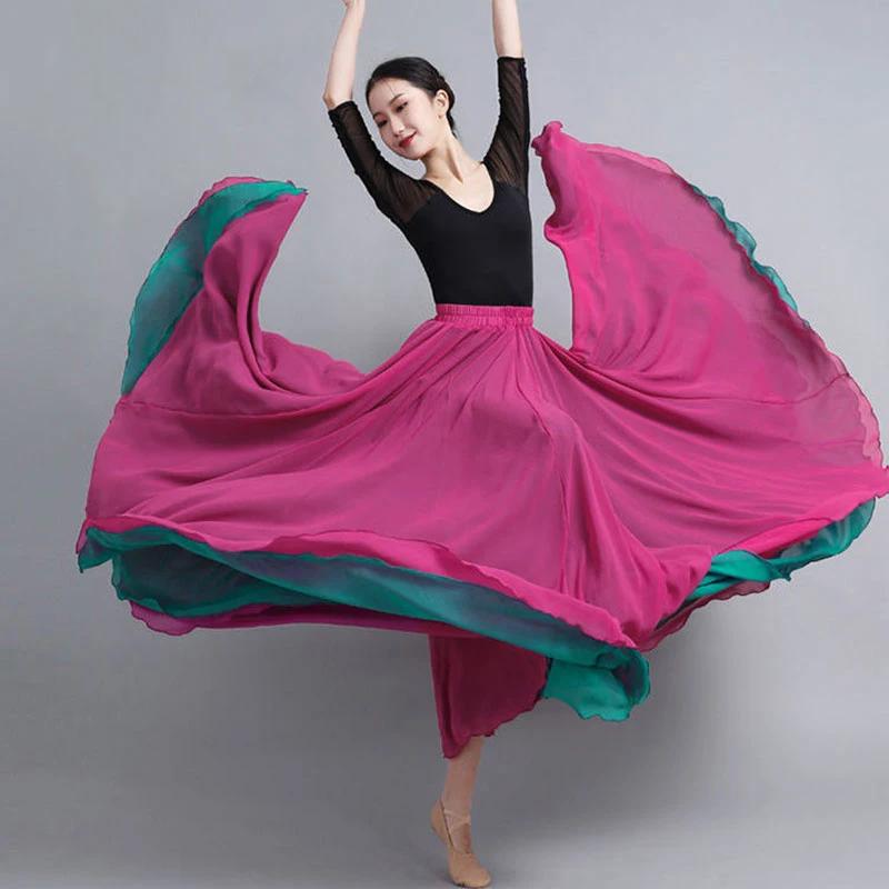 630 Degree Classical Dance Skirt Women Double-Side Chiffon Big Swing Skirt Belly Dance Costume Stage Performance Maxi Skirts