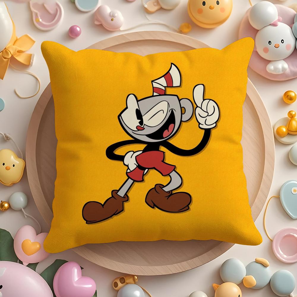Classic Cute Game C-Cuphead Cushion Cover Plush Fabric Soft Double-Sided Printed Sofa Pillow Case Colorfast Home Decor Gift
