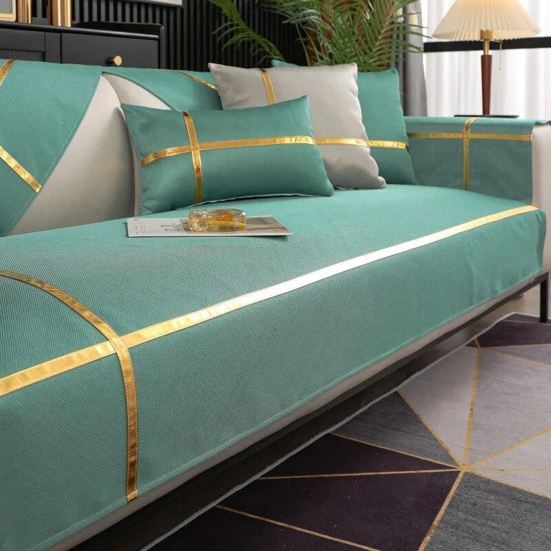 Sommer-Sofabezug aus Eisseide, goldener Rand, Sofakissenbezug für Wohnzimmer, atmungsaktiv, bequem, kühles Kissen, rutschfestes Sofakissen