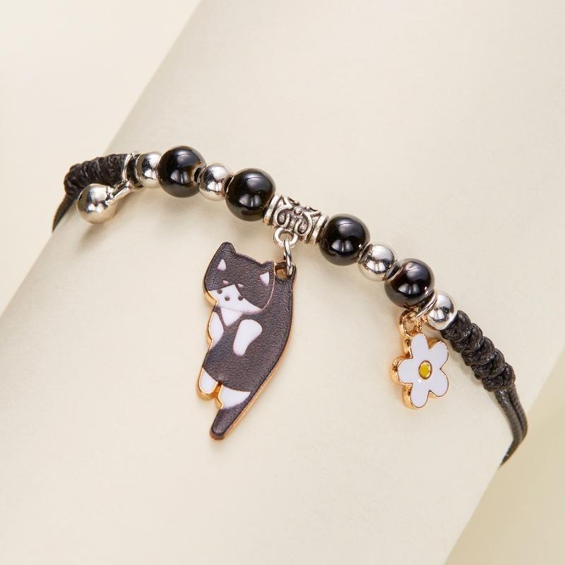 Creative Colorful String Cat Bracelet Woven Glass Handmade Bead Bracelet Hand Rope Jewelry Accessories Cartoon Hand Ring Women