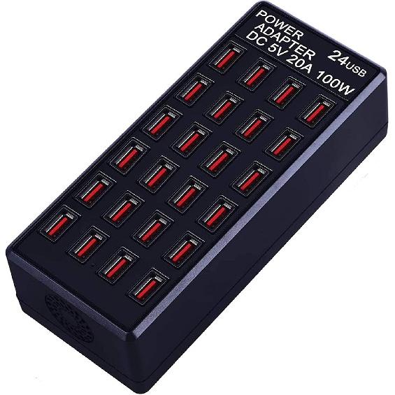 24-Port 100W (20 A) USB Charging Station, Home-Sized Desktop USB Fast Charger, Multiple USB Desktop Chargers for Hotels, Schools, Shops, Shopping