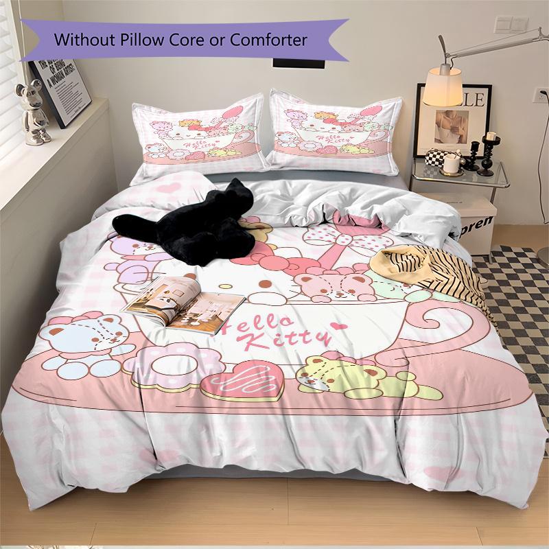 3pcs Sanrio Hello Kitty & Colorful Bear Bedding Set 1 Soft Quilt Cover + 2 Pillowcases, Machine Washable Suitable for All Seasons, Perfect Gift W096