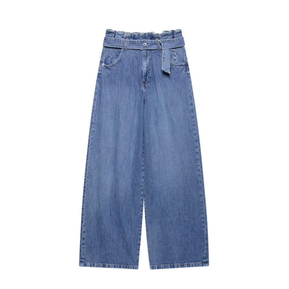 

Женские плиссированные джинсы с высокой посадкой, свободного прямого кроя, с поясом, весна/лето 2025 Large синий