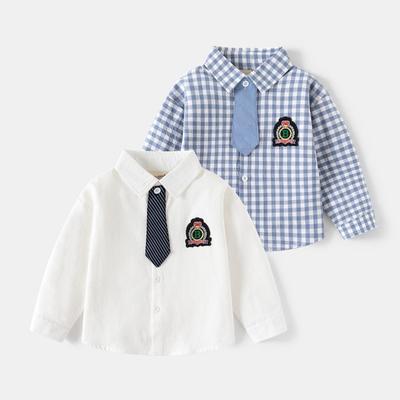 Children's Clothing 2024 New Boys Long-sleeved Shirt Korean Version Baby Tie Embroidered Foreign Style Shirt