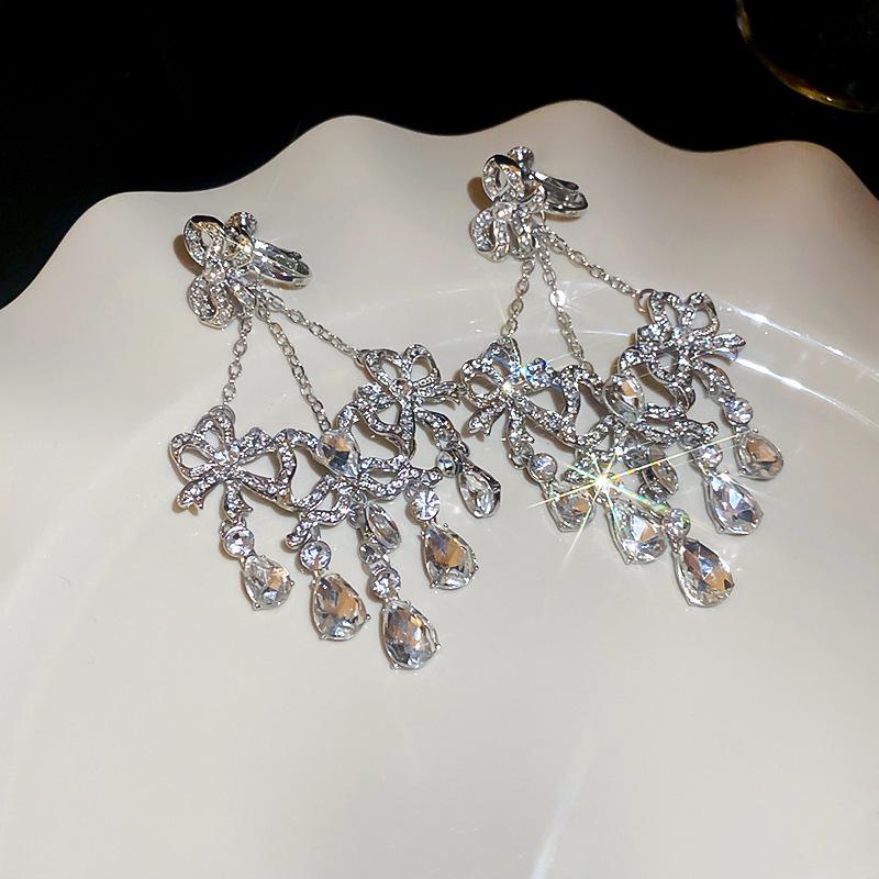 2025 Light Luxury Silver Needle Diamond Flower Tassel Earrings - Elegant European & American Style for Women