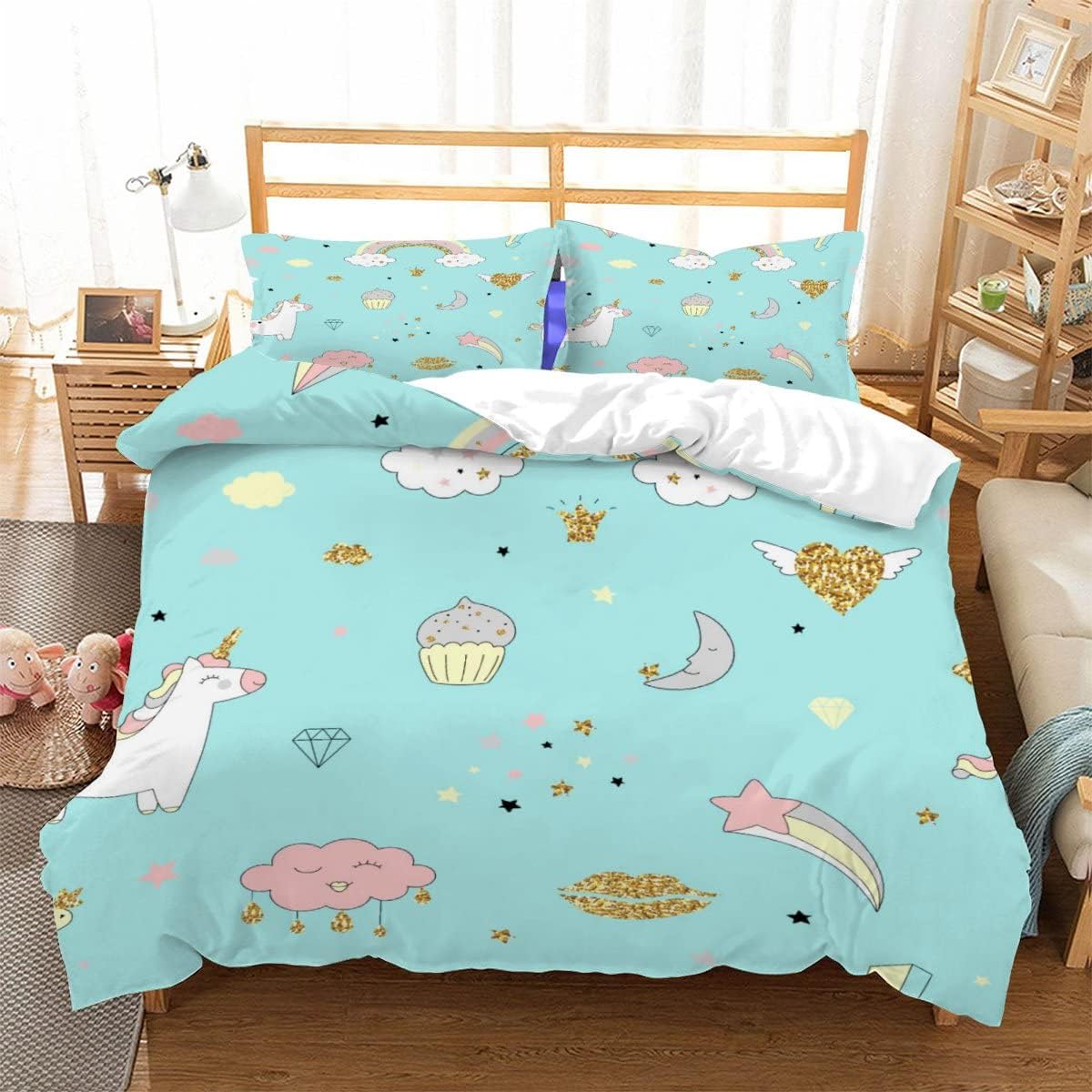 Unicorn Rainbow Dreamy Bedding Set Gift, Cute Cartoon Printed Pillowcase Cover, Suitable for Single/Double/Queen/King Beds Baby 100x135cm