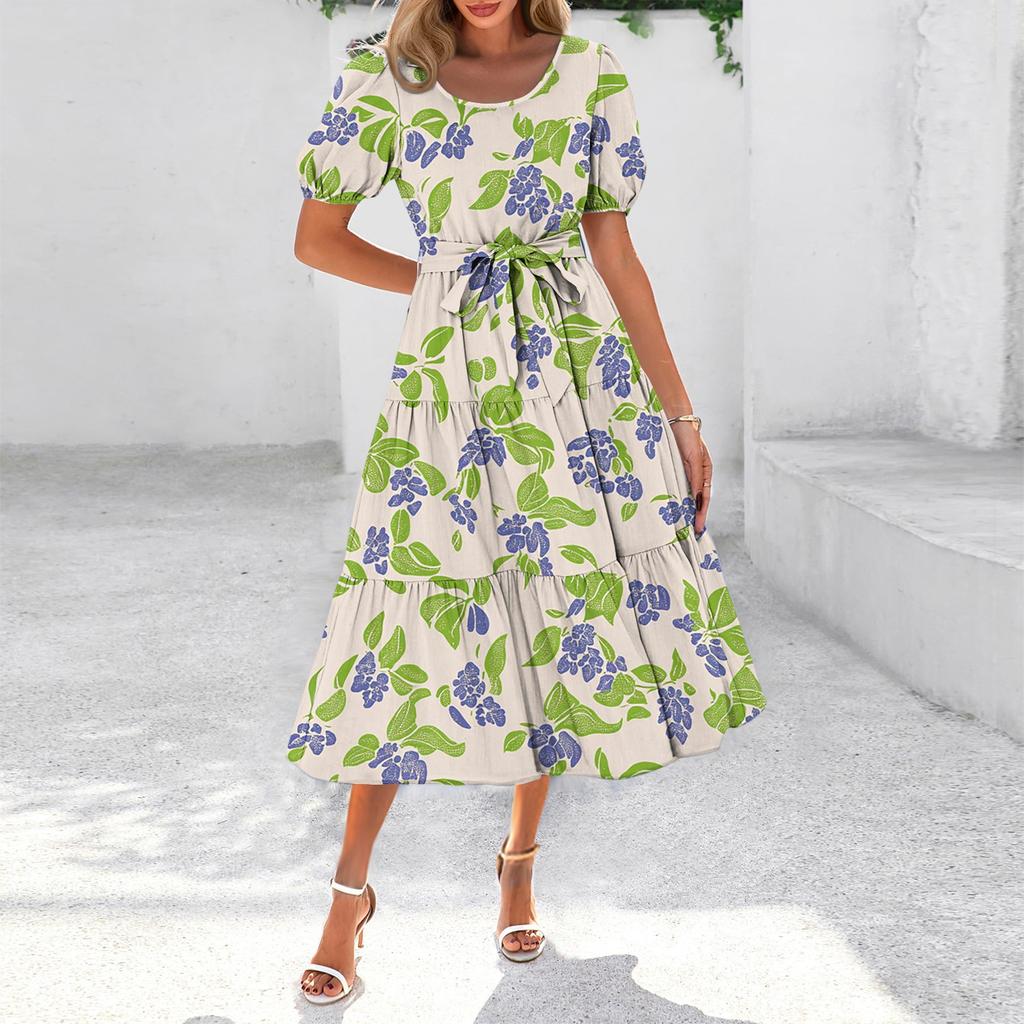 Women's Summer Short Sleeve Round Neck Waistband Bohemian Flowy Layered Maxi Dress With Pockets