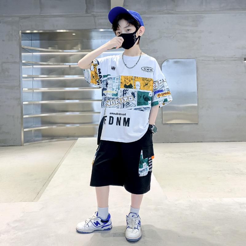 

Летний комплект из шорт и футболки с мультяшным принтом для мальчиков, двухпредметный с круглым вырезом для детей 120cm