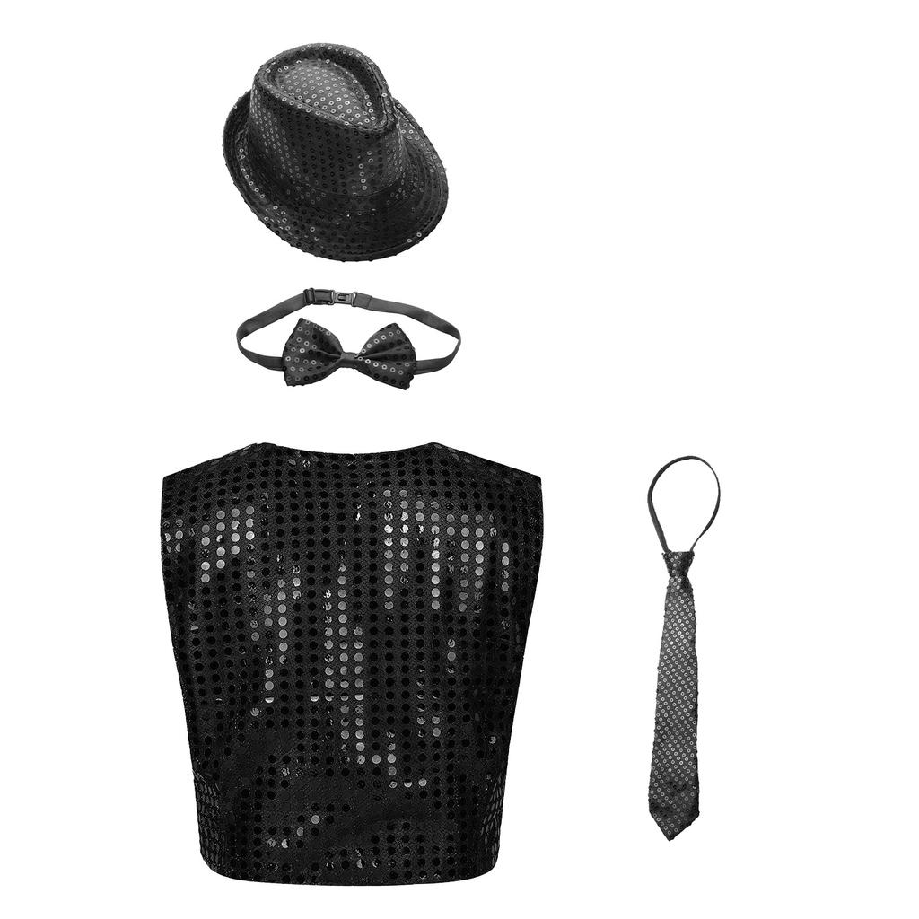Set Completo per Ragazzi con Gilet Paillettes Scintillanti, Cappello, Papillon, Cravatta, Abito per Danza Jazz e Performance sul Palco