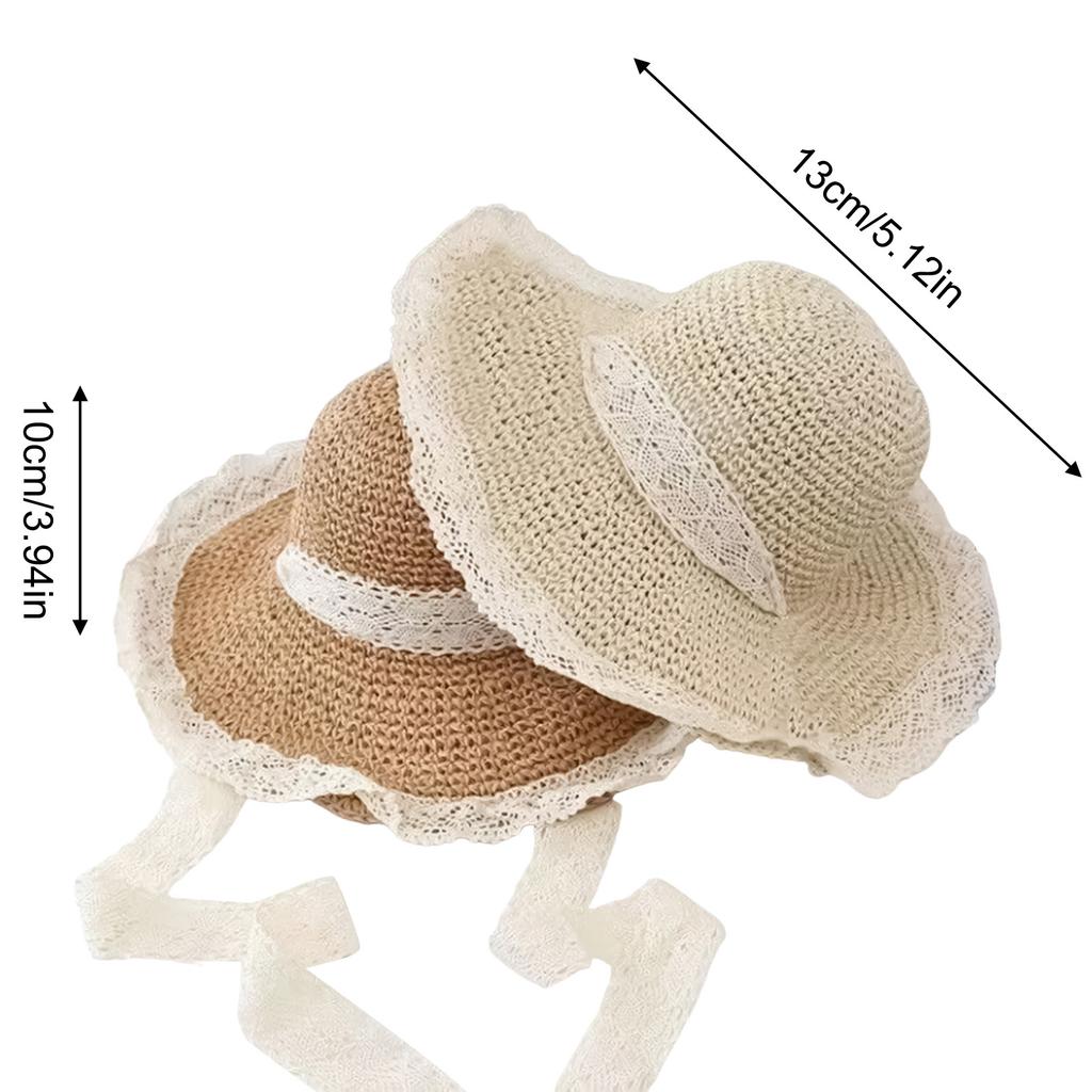 Women Wide Brim Summer Hat Portable Design Elegant Straw Hats Lace Hollow Straw Hat for Travel Holiday Beach Playing