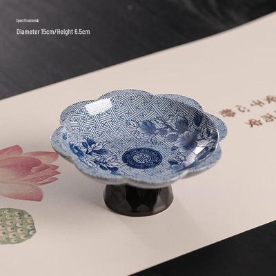 Retro Chinesische Blau-Weiße Obstschale auf hohem Fuß