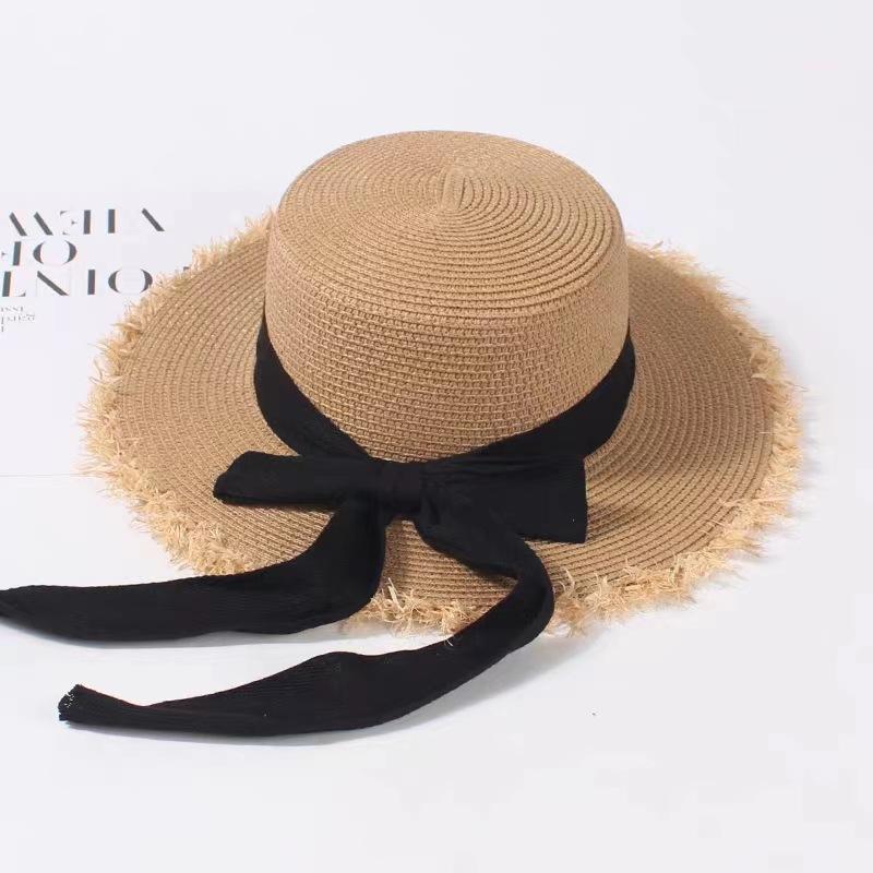 Women's Summer Japanese Style Versatile Frayed Edge Straw Hat Flat Top Vacation Outing Woven Sun Hat Bowknot Sunshade Beach Hat