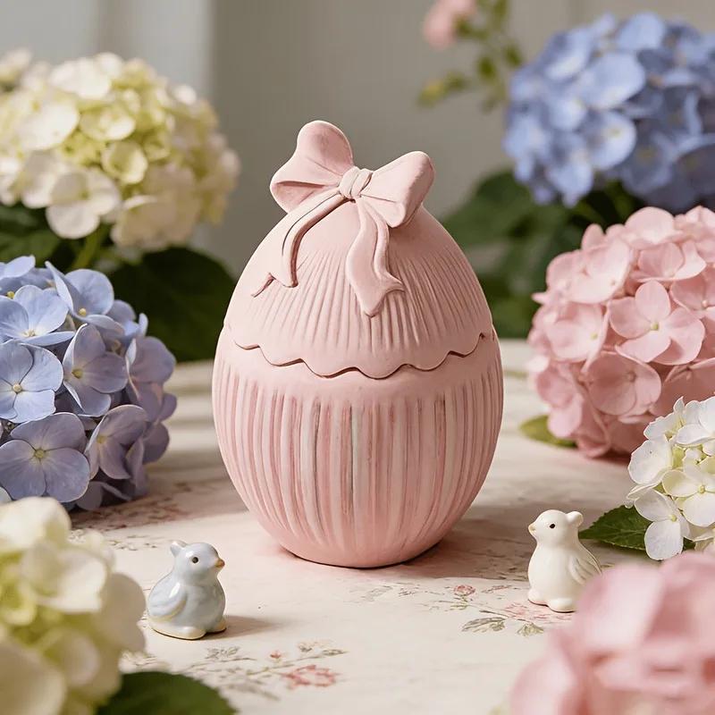 

2026 Latest Models Easter Egg Candle Jar Concrete Silicone Mold Candle Holder Mold Bowknot Egg Plaster Storage Candlestick