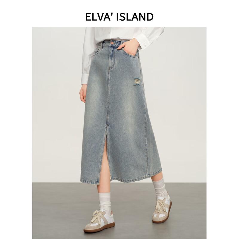 Elva' Island Women's Mid-length A-line Slit Denim Skirt