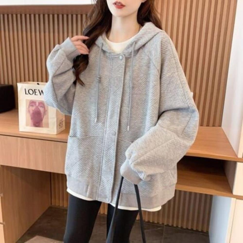Navava Women Daily Ribbed Pattern Hooded Zip Up Nc405