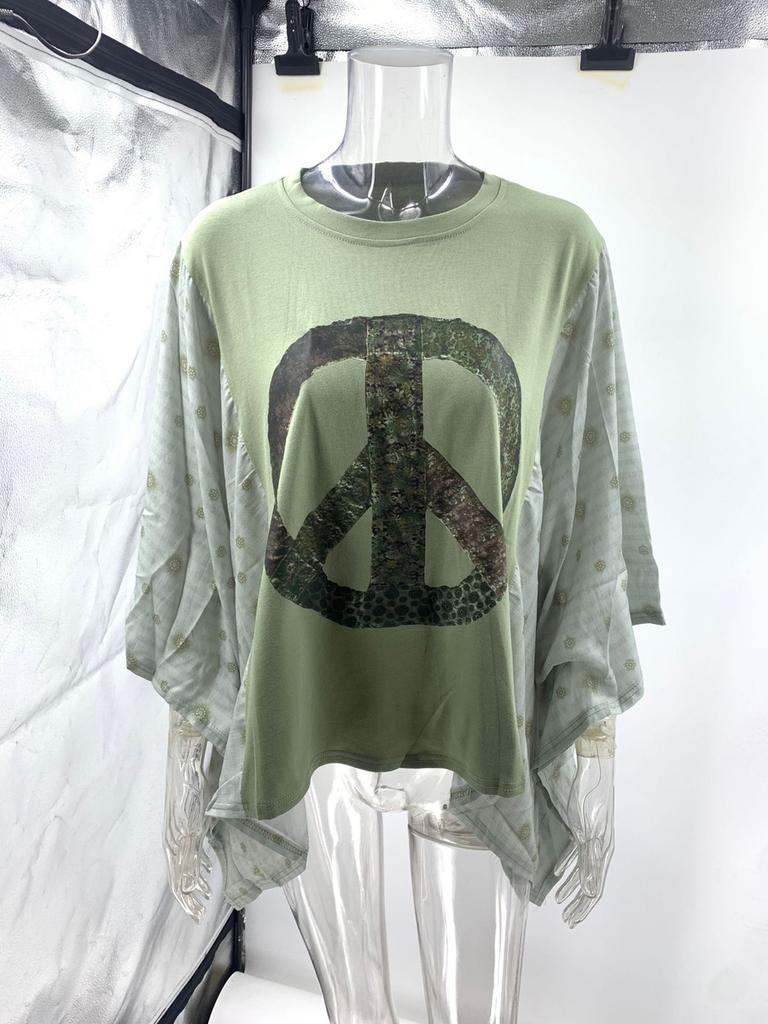 New Printed Crew Neck Loose Casual Batwing Sleeve Top for Women
