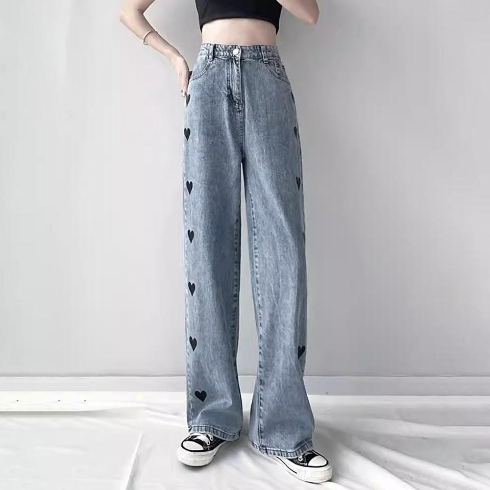 Džíny Ženy Jednoduché Ležérní Rovné Harajuku Heart Print Volné elegantní High Street kalhoty