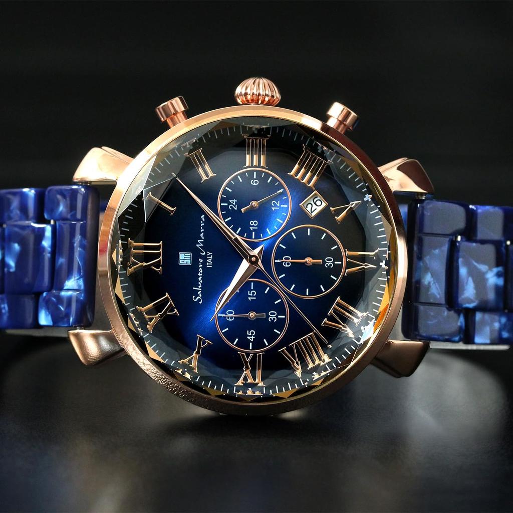 Salvatore Marra Men's Blue Watch with Faceted Glass, Chronograph, and Acetate Strap, SM19104A-PGBL